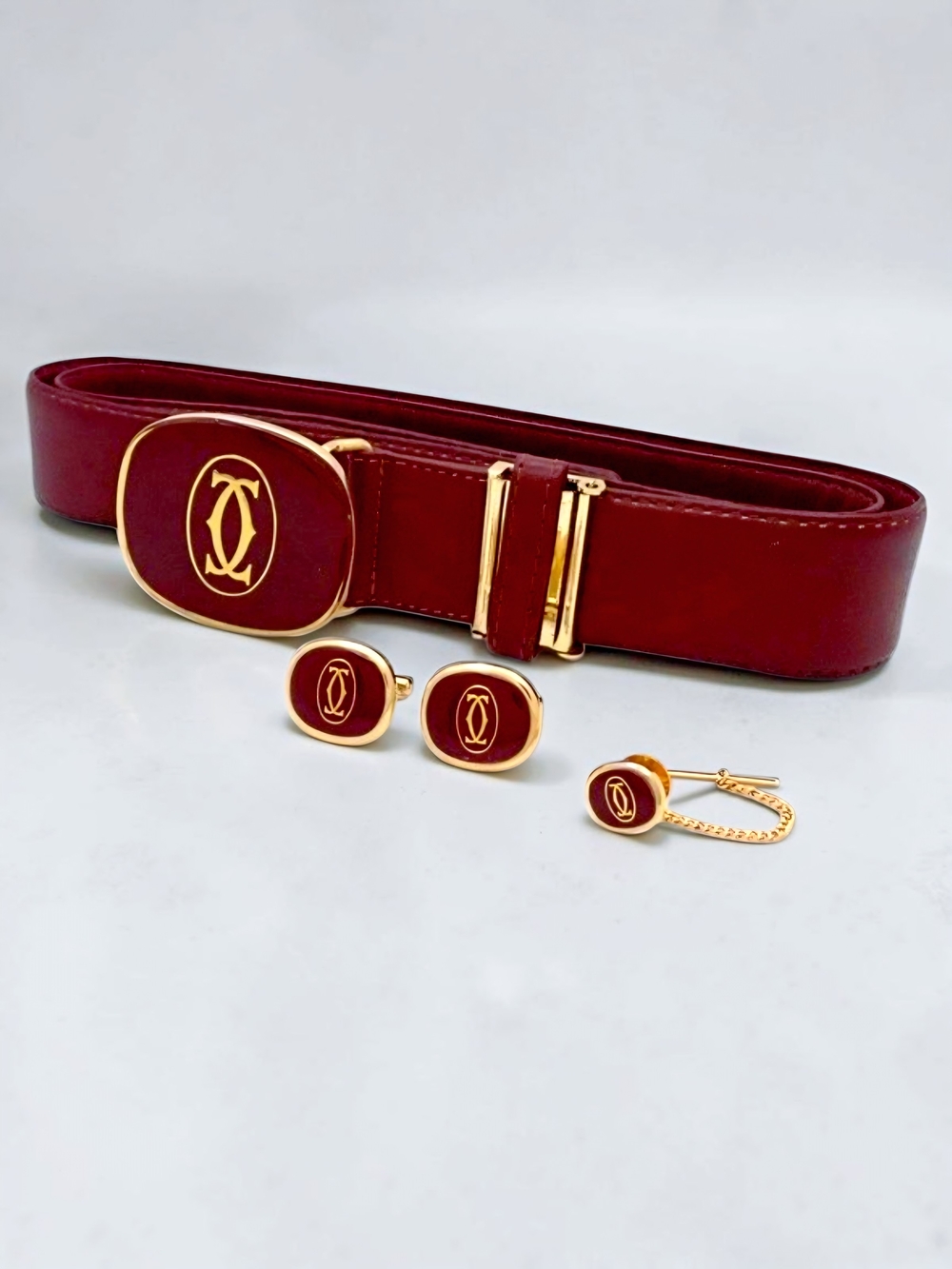 Cartier Set Burgundy Leather Belt and Cufflink Set Gold Accents 34-36